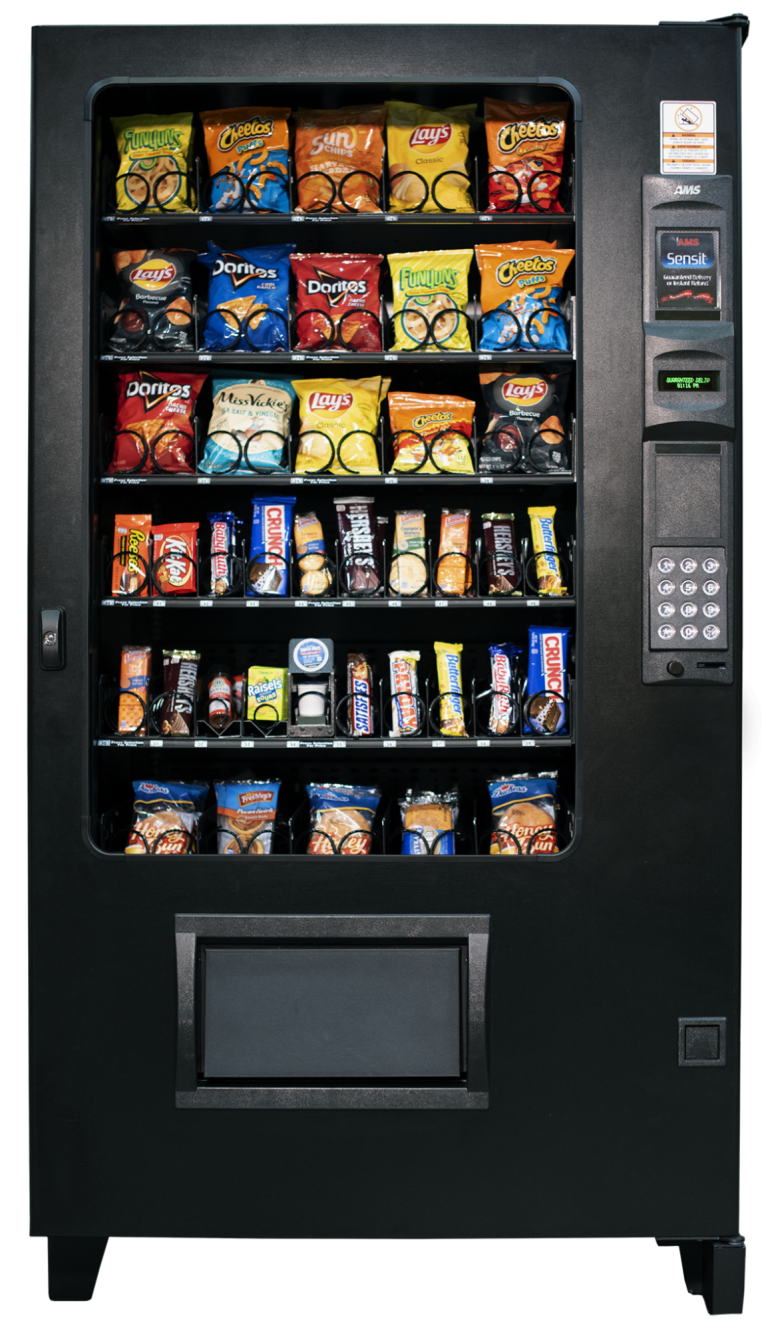 Chips, candy, healthy options and more Vending machine filled with various snacks and beverages.